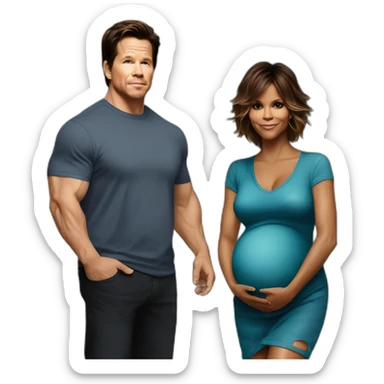 pregnant Halle berry standing next to pregnant mark Wahlberg sticker
