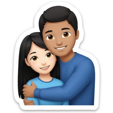 Asian guy with brown skin, short black hair, and a Asian girl with white skin and long black hair hugging  sticker