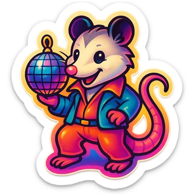 cute cartoon possum dressed up for the disco with a disco ball, sticker-like style sticker