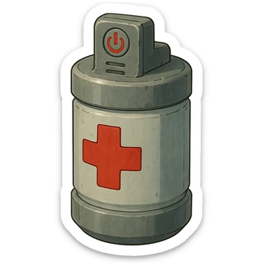 the image is the icon for a videogame insta-use item, it is a medpack- fututistic cyberpunk- resembles a canister with deadswitch, medical military clean plastic, opaque container, wide cylinder  sticker