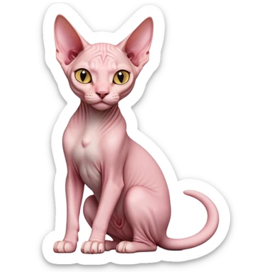 cinematic-[sphynx cat]-realistic-full-body-sitting-emoji,-tail-curled-playfully-around-its-paws,-head-tilted-dramatically,-sleek-[pink]-skin,-simplified-yet-realistic-focused-features,-highly-detailed,-glowing-with-an-almost-sarcastic-glow sticker