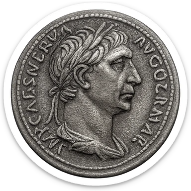 Make an imperial coin icon based on the reference image, but with a different emperor's profile, ancient engraving look, strong lines, transparent background. Keep the classic Roman engraving style and detailed profile features. sticker