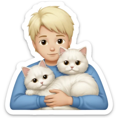 Blonde boy snuggling white Persian cat sticker
