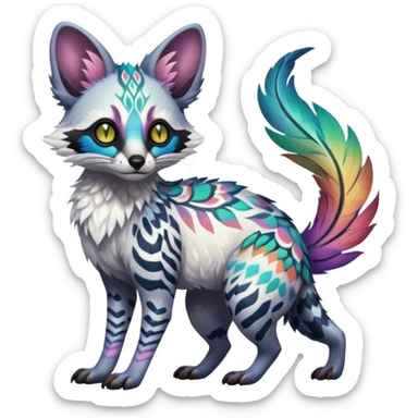 Rare iridescent white exotic epic aesthetic colorful Trico-Genet-species-Fakemon-hybrid-creature, with intricate tattoo markings, full body sticker