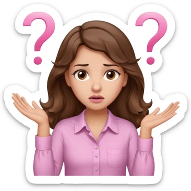 girl with wavy long brown hair, brown eyes, light to medium complexion, long lashes, light pink lipstick, wearing light pink shirt, shrugging with both hands, confused, question mark sticker