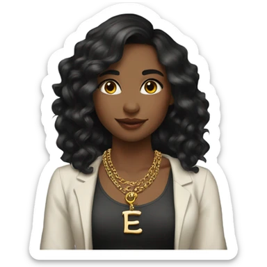 a girl with BLACK long wavy hair, wearing a letter E necklace, shes wearing elegant clothes and jewelry with natural makeup  sticker