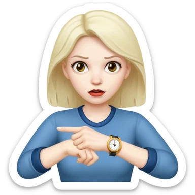 a mad woman pointing at her watch sticker