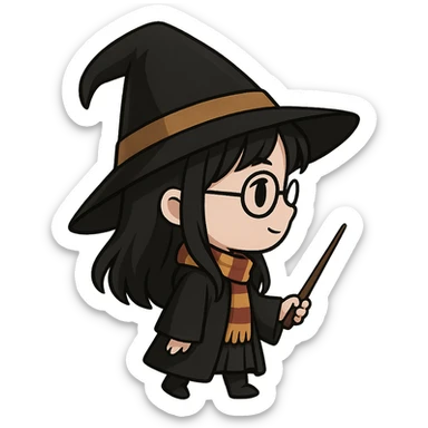 A cute witch with black hair and black eyes, Harry Potter style, facing right. sticker