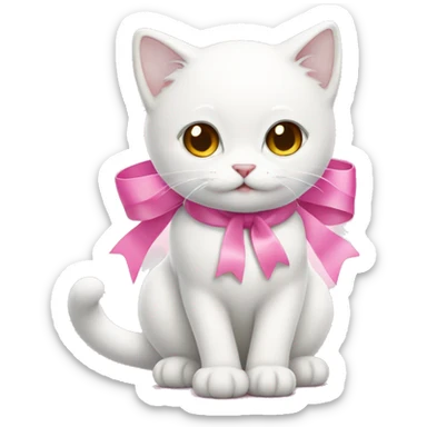 white cat with pink ribbon sticker