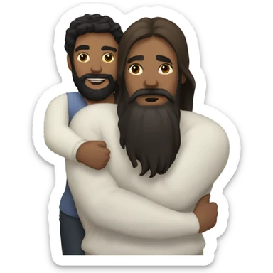 White man with black beard and long brown hair hugging brown woman with black hair  sticker