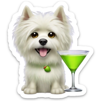 lime green fluffy dog with pointy ears with a martini sticker