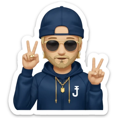 The French rapper Jul. Light skin, trimmed beard, dark navy tracksuit with hood, backwards cap, black sunglasses. Blond hair. both index and middle fingers pointing downward, forming a "J and L" shape. Gold chain and a smirk. Look evoke a Marseille urban vibe. sticker