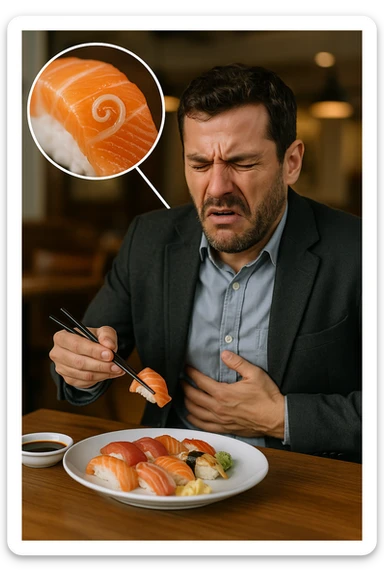 a man sits at a restaurant table, eating a plate of raw fish (such as sushi or sashimi). In a magnified inset, an Anisakis larva is visible inside a piece of fish. The man’s expression changes from enjoyment to sudden discomfort, holding his stomach with a pained look. The background is softly blurred, focusing on the man and the food. in italiano sticker