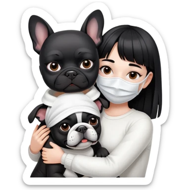 girl with short black straight bangs hair wearing a white mask and hugging a black French bulldog sticker