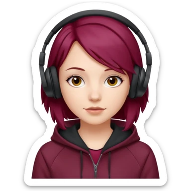 white girl with burgundy hair, deportive hoodie and black headphones sticker