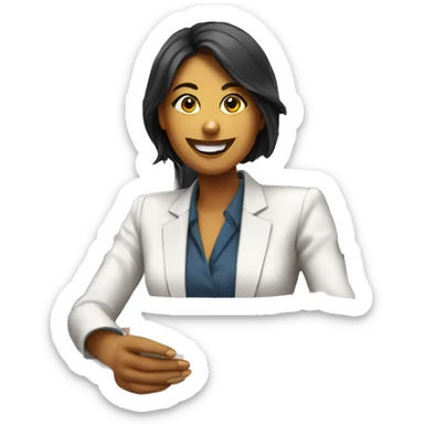 generate a smile of a woman in a business suit sitting at a computer and a pile of papers on the table sticker