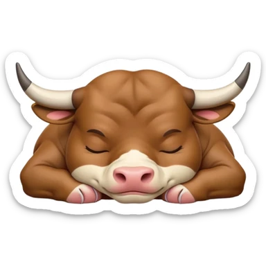 meme-worthy-cute-sleeping-domestic-bull-portrait-emoji,-head-resting-peacefully-with-a-contented-smile,-showcasing-a-robust,-muscular-build-and-a-luxuriously-soft-coat,-eyes-gently-closed-in-serene,-restful-slumber,-simplified,-solid-brown sticker