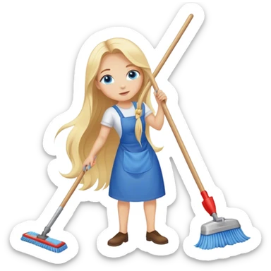 Cinematic realistic blonde with long hair, blue eyes cleans floors sticker