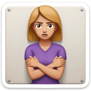 woman with avoidant attachment style with angry expression, arms firmly crossed creating barrier, body turned slightly away showing emotional distance, dismissive cold eyes, small wall or barrier symbol nearby sticker