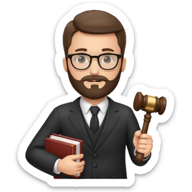 Create a male lawyer. he is wearing a fromal suit jckeret. He is holding a gavel in one hand and a book tucked under his another arm. He has beard and glasses sticker