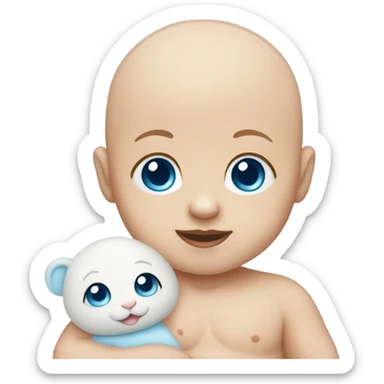 bald baby with blue eyes with stuffed toy sticker