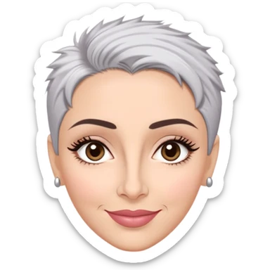 Puerto Rican actress Marian Pabón with elongated face, light pinkish skin, almond-shaped expressive eyes, straight nose, well-defined lips with wide smile, arched eyebrows, pronounced cheekbones, short spiky gray hair like a man's cut sticker