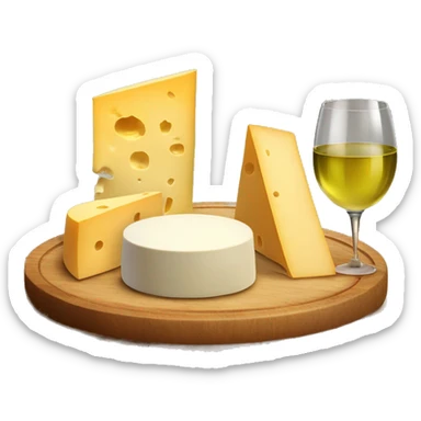 Wooden plate with different types of cheese and a glass filled with white wine  eat the plate  sticker