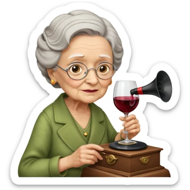 old lady with wineglass listening to gramophone sticker