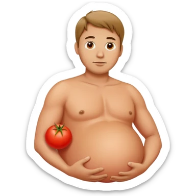 very pregnant man with a round red tomato as his pregnant belly sticker