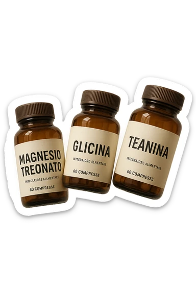 3 boccette di integratori: Magnesio Treonato, glicina, teanina, fluttuano in aria sticker