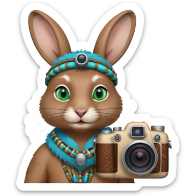 rabit, tribal ethnic ancient rabit with camera, blue and green sticker