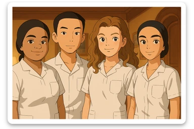 Four nursing students side by side in a warm indoor ambiance, wearing white short-sleeve uniform tops resembling medical tunics with V-neck collars and left chest pockets, no stand-up collars, no hijabs or undergarments beneath the tunics, no stethoscopes. Each student has the face from the provided portraits, styled in Ghibli style, group composition. sticker