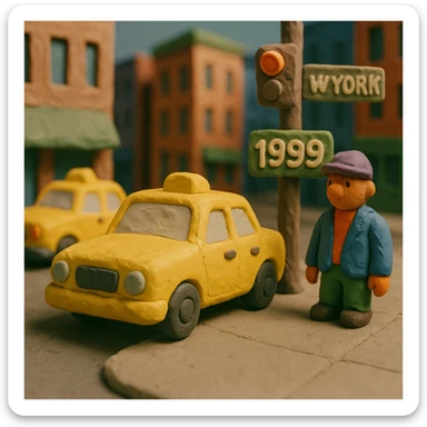 New York street, 1999, with visible fingerprints, cabs, and buildings sticker