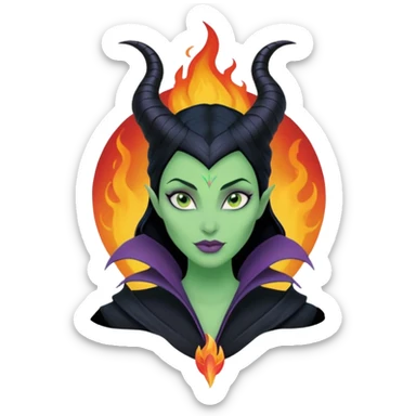 Poster-style sticker, pastel red background. In the center: Maleficent cartoon-style character with fiery aura. On top: ARIES in bold. Below in cursive: ‘The Fire Queen’. At the bottom: ‘Brave, fierce, always leading.’ ✨🔥👑 sticker