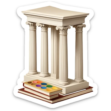 An icon featuring a paint palette, a sculpture, and a book, symbolizing the study of culture and art. The design includes a classical column and a canvas, representing art history and cultural exploration. Transparent background highlights the connection between creativity and history. sticker