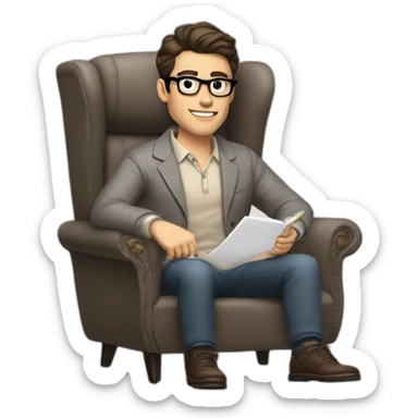 Pale skinned Fit Man With dark brown hair in gray jacket, beige office shirt and vintage glasses sitting In a soft chair with a notebook with emblem Ψ and a pen in his hands sticker