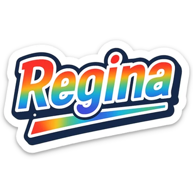 The name 'Regina' in modern, precise Hungarian letters with a rainbow gradient fill, extra thick white letter outline, dark contour, transparent background, dynamic slanted underline, styled like the sample images. sticker