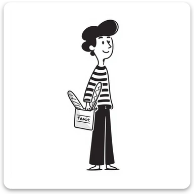 A Frenchman with a beret, holding a baguette under his elbow, wearing a black and white striped shirt, hand-drawn doodle style. sticker