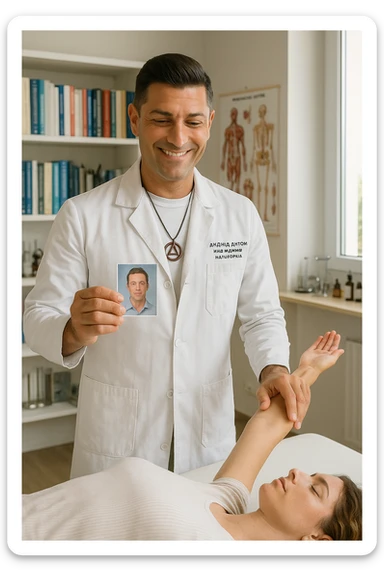 a middle-aged man, dressed in casual professional attire, is in a bright, organized therapy studio. Durante una visita di kinesiologia, il testimone tiene con una mano la foto di una persona lontana (il “testimone”) tiene la foto in mano, mentre con l’altra mano esegue un test muscolare su un cliente presente. Sullo sfondo si vedono libri di kinesiologia, poster anatomici e strumenti tipici della disciplina. L’atmosfera è concentrata e serena, con luce naturale che entra dalla finestra, sottolineando l’aspetto alternativo e umano della pratica. sticker