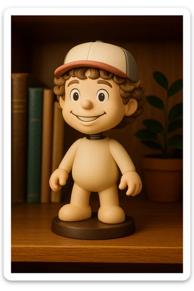 Transform this character into a plush teddy bear inspired by the Bobbie Goods style, keeping the colorful cap, curly hair, friendly smile, and cute bear body. Add plush texture and cozy details to enhance the cuddly appearance. sticker