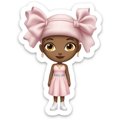 A beautiful fair-skinned girl wearing a cute pastel pink dress, a ribbon on her head, white Jordan shoes, Dior-branded gloves, a large gold necklace, and big silver earrings. sticker