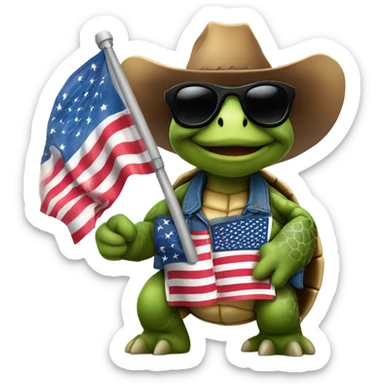 Tortoise with sunglasses and cowboy hat carrying American flag sticker