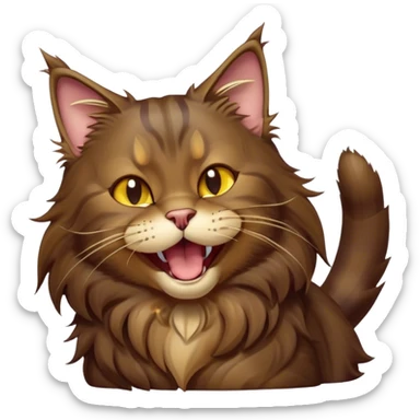 Cinematic Cute Dark Brown Maine Coon Cat Portrait Emoji, Head tilted playfully and yawning, sleek deep brown and gold tones with subtle hints of black, Simplified yet adorable features, highly detailed, glowing with a warm, friendly glow, high shine, curious and affectionate, stylized with a touch of whimsy, bright and alert, soft glowing outline, capturing the essence of a mischievous yet loving kitten, so endearing it feels like it could leap out of the screen and stretch with its fluffy tail swishing! sticker