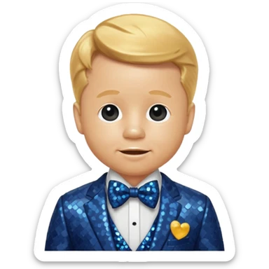 Mickey Rooney with golden blonde hair, dark blue sequin suit with bow tie sticker