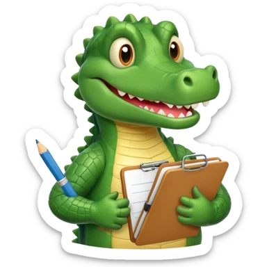 A cartoon gator with a clipboard and a pencil against a light green circle background sticker
