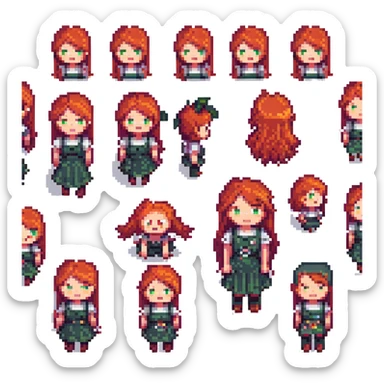 A set of emojis for a Telegram channel called 'Рыжая Начинка' featuring a red-haired girl with various expressions and activities, in the style of pixel art. sticker