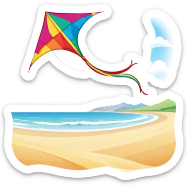 A colorful kite soaring high in the sky on a sunny day, with a long, flowing tail trailing behind. The background features an open field or beach, capturing the joy and freedom of flying kites, with gentle winds and a peaceful atmosphere. sticker