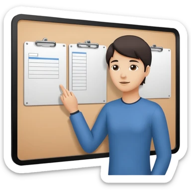 Minimalistic flat vector icon, iOS style, thin black contour on white background. Person silhouette with a project board (kanban/task board) behind. No text, no shadows.
 sticker