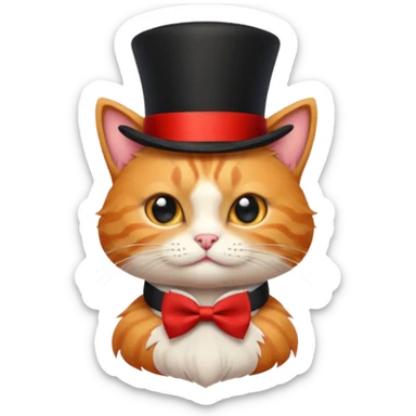 Cute emoji-style orange tabby cat wearing a black top hat with a red band and a red bow tie, big round eyes, fluffy fur, clean mascot style, centered, transparent background, 1:1 ratio. sticker