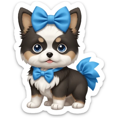 black and white pomsky with blue eyes with a shih tzu puppy who is tan and white with a big blue hair bow  sticker